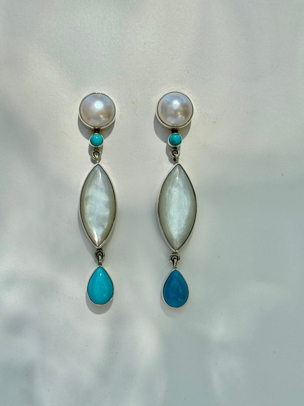 Mother of Pearl Arizona Turquoise Pearl Sterling Silver Dangle Earrings 2.75"
